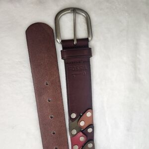 Fossil Brown Leather Belt with Silver Buckle and Studs